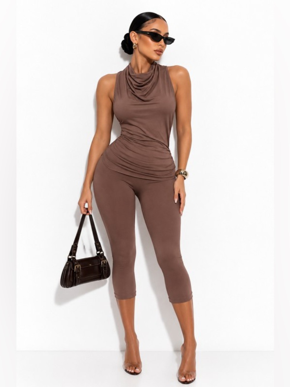 2PCs Halter Draped Open-Back Brown Capri Set